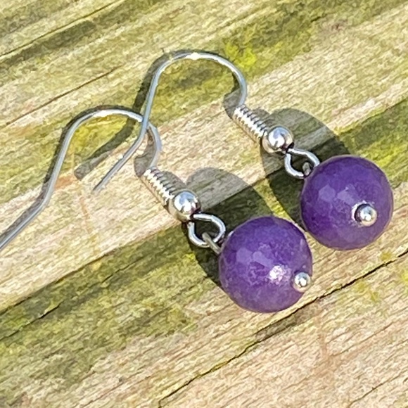 Amethyst glass bead earrings 8 mm faceted amethyst round ball dangles - Picture 5 of 6
